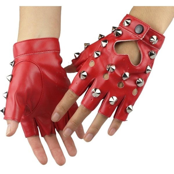 Guantes De Cuero PU De Media Palma Guantes Sin Dedos De Cuero Patentado Guantes Con Remaches De Personalidad Cosplay Rojo-image