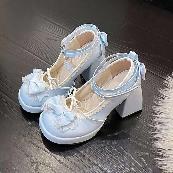 Buty Lolita Damskie SłOdkie Urocze Buty Z Wysokim Obcasem DziewczęCe Szpilki Platforma Dekoracja Kokardką Styl Lolita Codzienne Damskie Buty 39 Niebieski-image