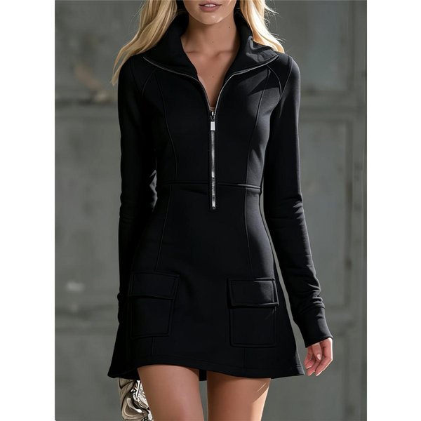 Vestido De Punto Corto Para Mujer Con Cuello De Solapa Y Media Cremallera, Manga Larga, Bolsillo, Ajustado Al Cuerpo, Vestido Corto Informal Para Fiesta, Vestidos Para Mujer XXL Negro-image