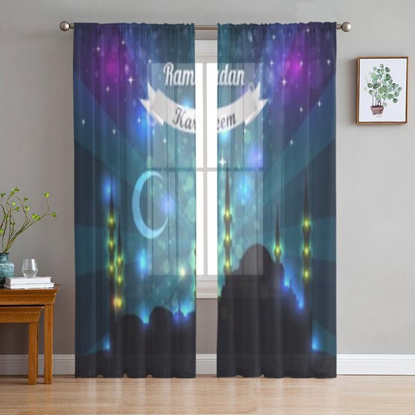 Cortinas Transparentes De Tul Con DiseñO Ramadan Kareem Para Sala De Estar El Dormitorio Cortinas Decorativas Modernas De Gasa Voile Organza 135W X 114H(Cm) Gray-image
