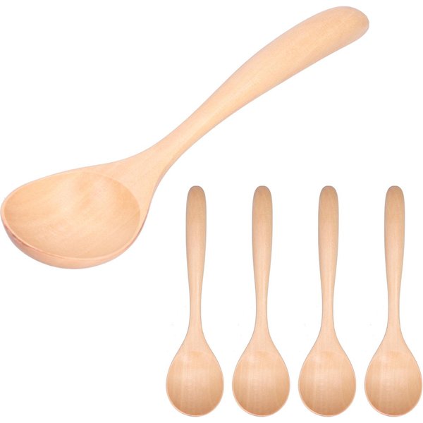 5 Piezas Cuchara De Sopa Mango Largo Cuchara De Cocina De Madera Para El Hogar Cocina Restaurante Beige-image