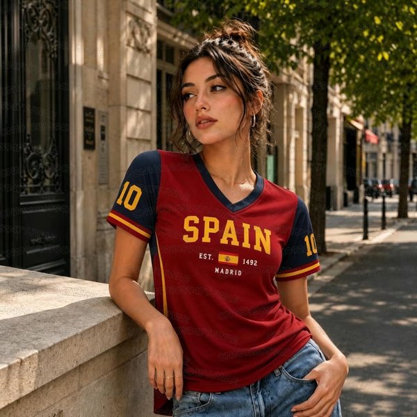 Camiseta De Verano Para Mujer Y Hombre Con Estampado De EspañA, Cuello En V, Manga Corta, Camiseta GráFica, Maillots, Tallas Grandes, Camiseta Deportiva Para Aficionados Al FúTbol XL-image