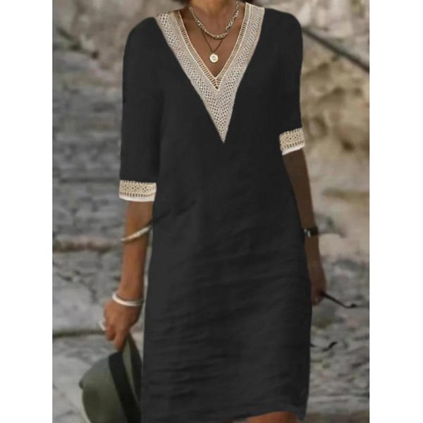 Vestidos Casuales De Moda De Verano Primavera Para Mujer Qiced Estampado De Color SóLido Manga 2/1 Cuello En V XL-image