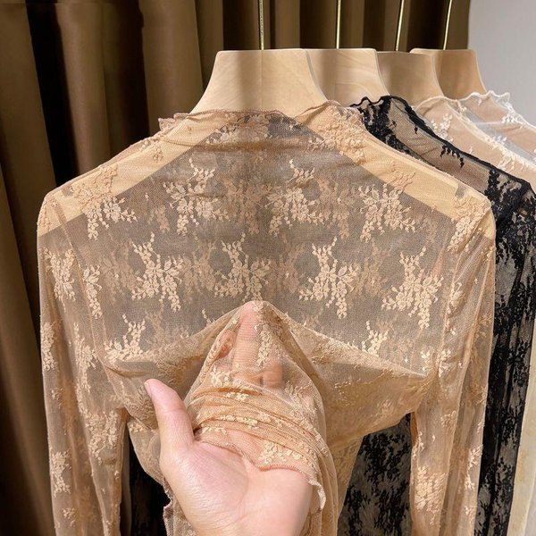 Damska Koszulka PrześWitująCa Przezroczysta Siateczka Z DłUgim RęKawem Sheer Slim Ladies Jedwabna Koszulka Z Golfem Crop Top XL Kawowy-image
