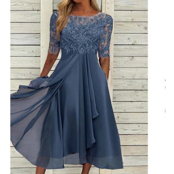 Vestidos Casuales De Manga Corta Y Cuello Redondo Con Estampado De Colores SóLidos De Hnxc Para Mujer, De Moda De Verano Y Primavera XXL Azul-image
