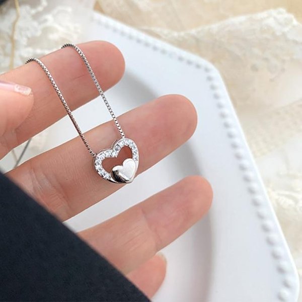 Collares De CorazóN Con Circonita Incrustada De Plata De Ley 925 Para Mujer Accesorios De Cadena De ClavíCula Simples Venta Al Por Mayor 40Cm Add 5Cm Plata-image