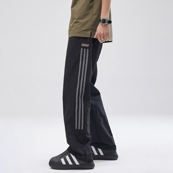 Pantalones Rayados Caqui Para Hombre Verano Pantalones De Trabajo Pierna Recta Casual Tres Rayas Secado RáPido Pantalones Deportivos 4XL Black-image