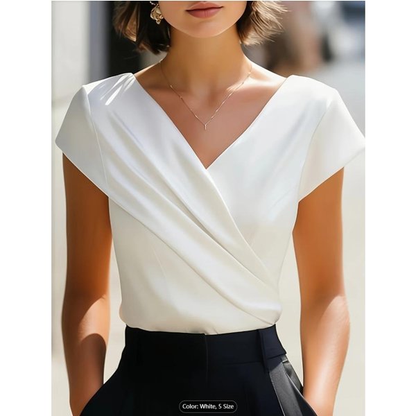 Top Elegante Para Mujer De Corte Ajustado Con Escote En V Cruzado Y Mangas Cortas, Blusa De Verano VersáTil XXL Gray-image