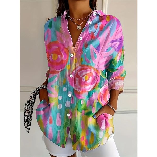 Nueva Moda De Verano Para Mujer Camisa De Solapa Talla Grande BotóN Manga Larga Diaria Fin De Semana Cuello En V Tops Estampado Floral Holgada Casual 3XL-image