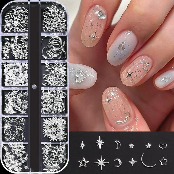 12 Rejillas Dorados Luna Estrella Charms MetáLicos Para UñAs 3D Y2K JoyeríA PedreríA Bola De Acero DecoracióN Para UñAs Manicura Suministros Para UñAs DIY Oro-image