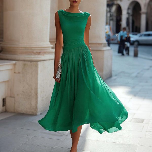 Vestido Midi Sin Mangas Con Cuello Drapeado Para Mujer DiseñO Elegante Liso Fluido De LíNea A Adecuado Para Vacaciones Y Uso Diario XL Verde-image