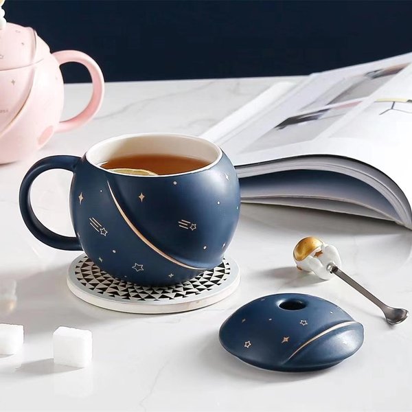 Kubek Planetarny Z Pokrywką FiliżAnka Do Kawy Kubek Do Picia Wody Ceramiczny Kubek Na Owsiankę Damski Kubek Dla Pary Kubek Na Wodę Domowy Kreatywny Kubek ŚNiadaniowy 401-500Ml Gray-image