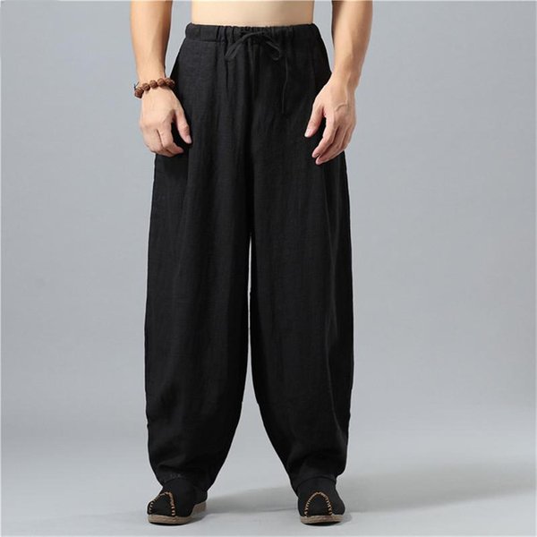 MęSkie Lniane Spodnie Z Szerokimi Nogawkami W Stylu ChińSkim MęSkie Spodnie Casualowe High Street Spodnie Sportowe DużE Rozmiary XS-5XL Xxxl Czarny-image