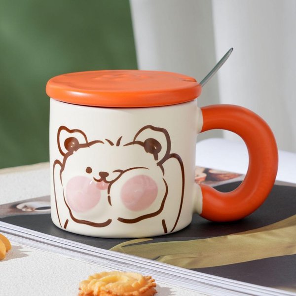 Taza De CeráMica Fufu De Leche Animal Linda Taza De Dibujos Animados Con Tapa Cuchara Para NiñAs Vaso De Agua Taza De Café Para El Hogar Taza De Leche 320Ml-image