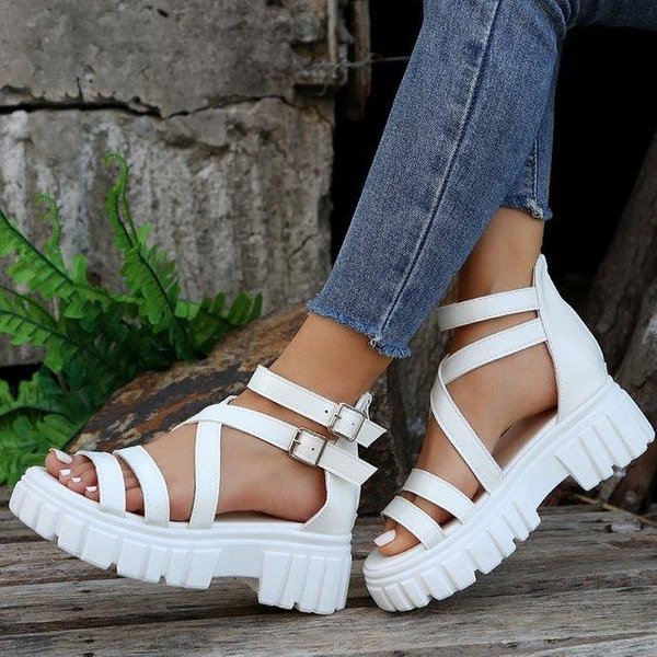 Modne Buty Na Grubym Obcasie Rzymskie SandałY Dla Kobiet Letnie Buty Z Paskiem Na Kostkę Platformy SandałY Kobieta Pasek Buty Imprezowe Na Grubym Obcasie 40 BeżOwy-image