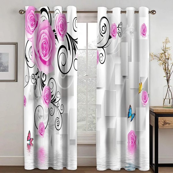 Cortinas Con DiseñOs De Flores Y Mariposas Varios Estilos Florales Varios Estilos Sala De Estar Dormitorio DecoracióN Del Hogar Cortina De Ventana W50Xh130(Cm)X2Pcs&Grommet Top-image