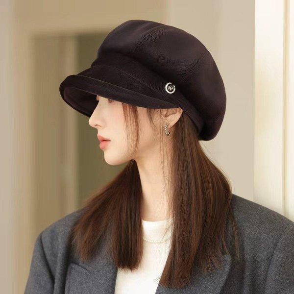 Sombrero De Estilo BritáNico PequeñO Que Muestra La Cara Para Mujer Con Boina CáLida De OtoñO E Invierno, Sombrero Octogonal VersáTil Coreano, Sombrero De PerióDico Retro Casual One Size Black-image
