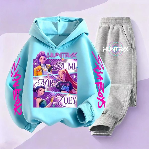 Komplety Bluz Z Kapturem Dla Dzieci Kpop ŁOwcy DemonóW Saja ChłOpcy Bluzy Z Kapturem Dziewczynki ChłOpcy Bluzy Dresowe Anime Jesień Codzienne Ubrania Dla Dzieci 160 RóżOwy-image