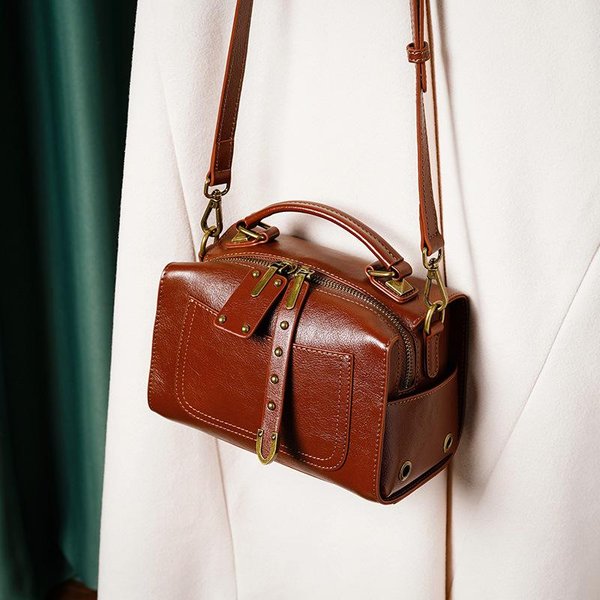 Bolso Almohada Horizontal De Piel De Vacuno De Capa Superior Retro JaponéS Y Coreano Para Desplazamientos Bolso De Hombro Cruzado De Cuero Genuino Para Mujer Brown-image
