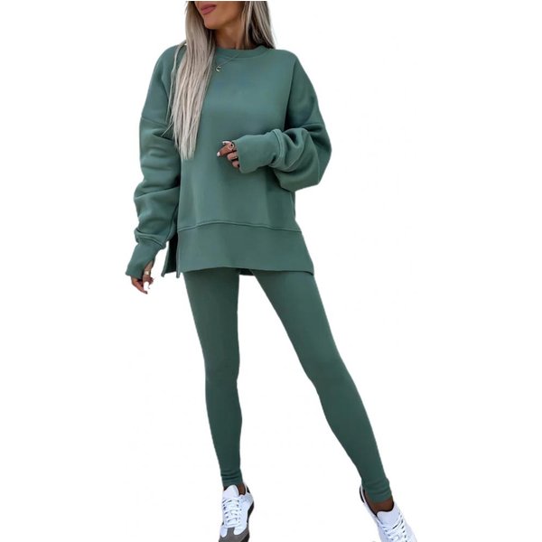 2 Sztuki/Zestaw Damski Komplet Top Spodnie OkrąGłY Dekolt DłUgi RęKaw NieróWny Dół Bluza Z Kapturem Elastyczna Talia Jednokolorowe Spodnie Zimowy Codzienny W XL Zielony-image