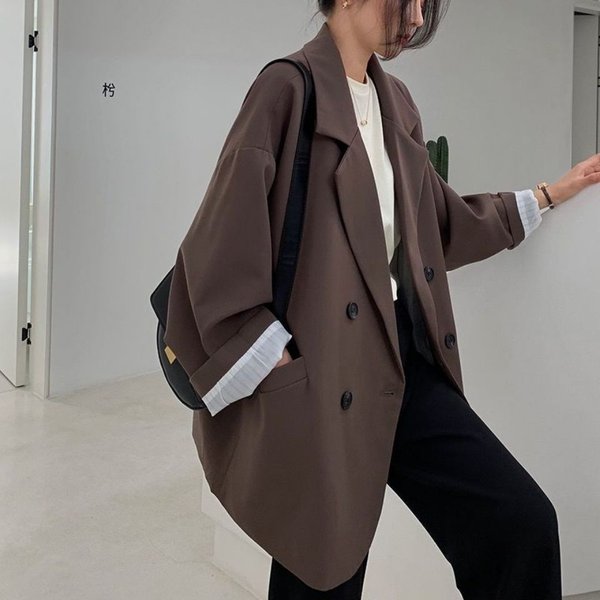 Chaqueta Blazer De Doble Botonadura De Corte Holgado Para Mujer, Abrigo Informal Ligero Para Oficina Con Mangas Largas Y Solapa De Muesca L-image