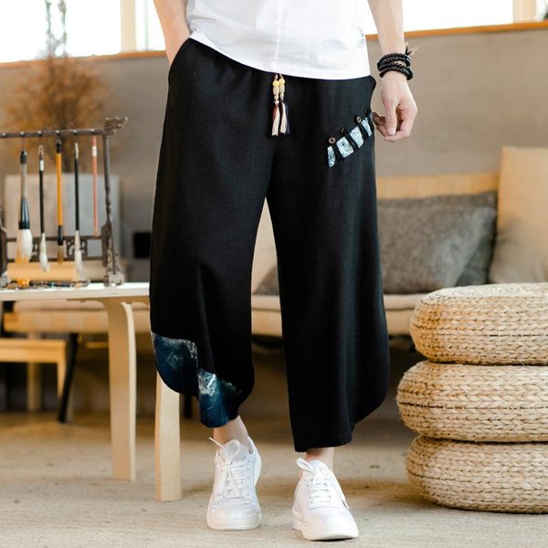 Pantalones Harem De Lino Y AlgodóN JaponéS Para Hombre, Pantalones Cortos De Lino Transpirables De Verano Para Hombre, Pantalones Deportivos Informales Con Cintura EláStica M Negro-image
