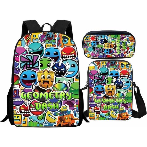 Mochila Escolar Geometry Dash Set De 3 Piezas, Mochila Geometry Dash, Bolso De Hombro, Estuche-image