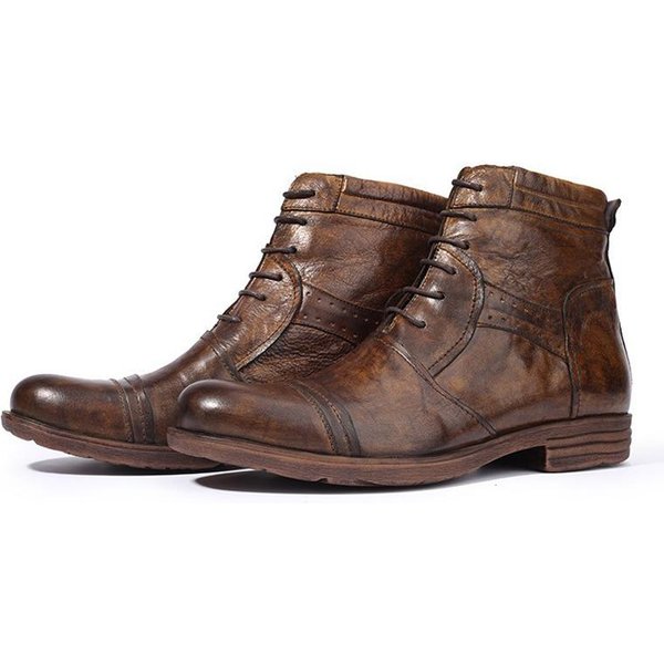 Brytyjskie Retro MęSkie Buty Wysokie Ze SkóRy Naturalnej RęCznie Robione Buty Motocyklowe OkrąGłY Nosek Gruba Podeszwa Sznurowane Botki MęSkie Buty 43 BrąZowy-image