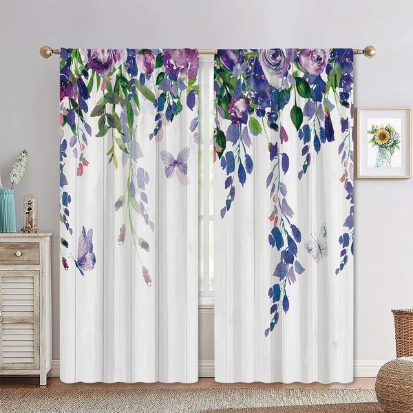 2 Paneles Cortinas Minimalistas De Estilo Pastoral Europeo Con Viento Y Plantas, Cortinas De Flores Y Hojas Verdes Para Sala De Estar, Dormitorio, Decorativas W60Xh100(Cm)X2Pcs&Rod Pocket-image