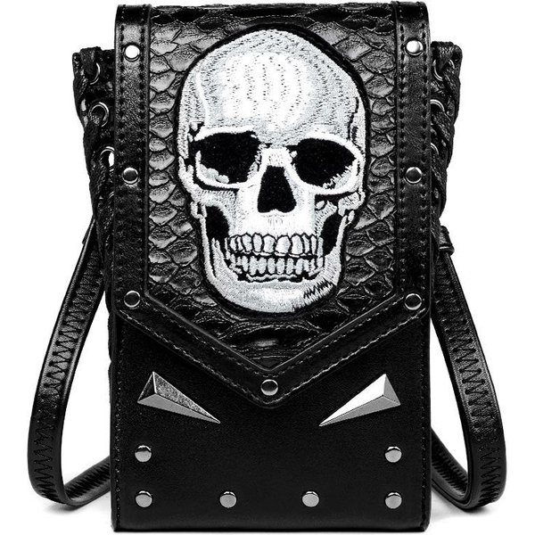 Bolso Bandolera De Nicho Para Mujer, Una Motocicleta Calavera Para Exteriores Y Un Bolso Para TeléFono MóVil Negro-image