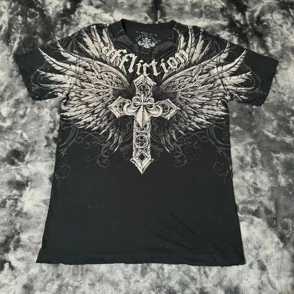 2025 Nueva Camiseta Roja Affliction Harajuku Hip Hop Cuello Redondo Oversize Camisetas Casuales Hombres Mujeres Manga Corta Ropa GóTica XS Gray-image