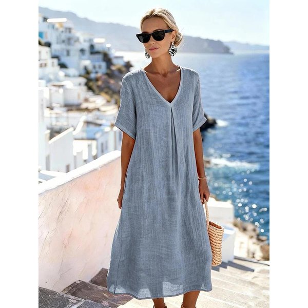 Nuevo Vestido Largo Casual De Primavera Y Verano Holgado De Manga Corta Con Cuello En V De Color Liso De AlgodóN Y Lino M-image
