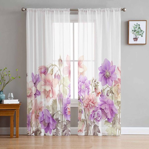 Cortinas Transparentes De Acuarela De Flores De Primavera Para DecoracióN De Sala De Estar, Cortinas De Ventana, Cortinas De Tul Voile Para Cocina W135 X H115Cm X1-image