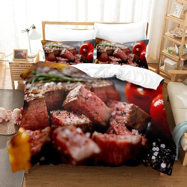 2024 Komplet PośCieli Do łóżKa Beefsteak Rozmiar Jednoosobowy PodwóJny PełNy Queen King Sypialnia ChłOpca Poszewka Na KołDrę Druk 3D Stek Gourmet EU Single(135X200Cm)-image