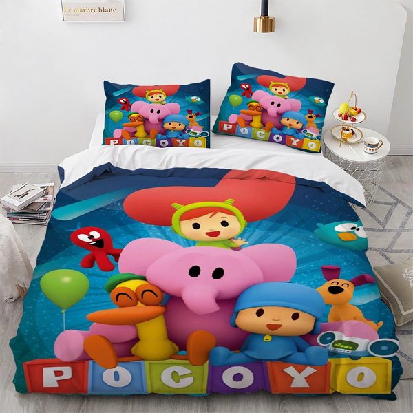 Juego De Cama De Dibujos Animados Kawaii P-POCOYOS Con ImpresióN 3D, Funda NóRdica, Juego De Cama, Funda De EdredóN, Funda De Almohada, TamañO King, Queen, Twin, Para NiñOs, NiñAs, Adultos EU Twin 135X200Cm-image