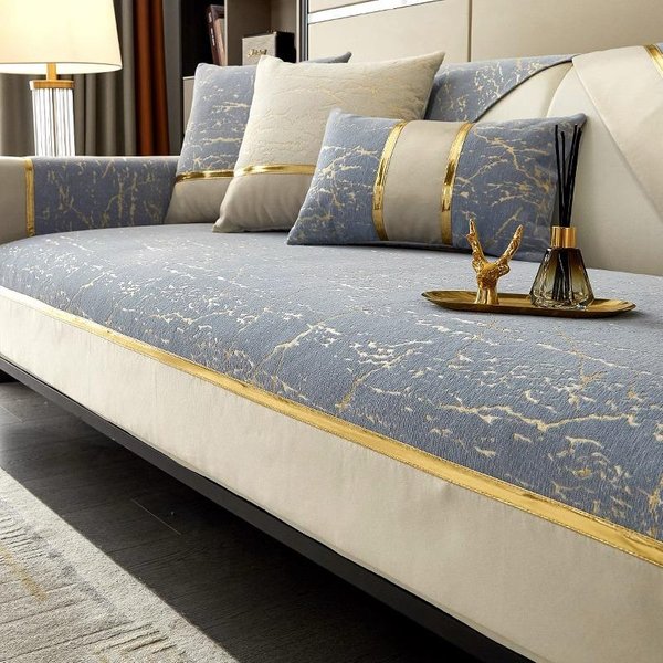 Funda De Sofá Universal Chenilla Cuatro Estaciones Almohadilla Para Sofá Rayada Con LíNea Dorada Alfombrilla Para Sofá Para Sala De Estar CojíN Para Sofá En Forma De L Antideslizante 70X70Cm 1Pcs-image
