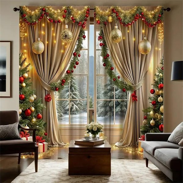 2 Cortinas NavideñAs De Lujo Con Estampado Digital Festivo, Lavables A MáQuina, DecoracióN NavideñA Para Sala De Estar Y Dormitorio W50X130H(Cm)X2Pcs&Hook-image