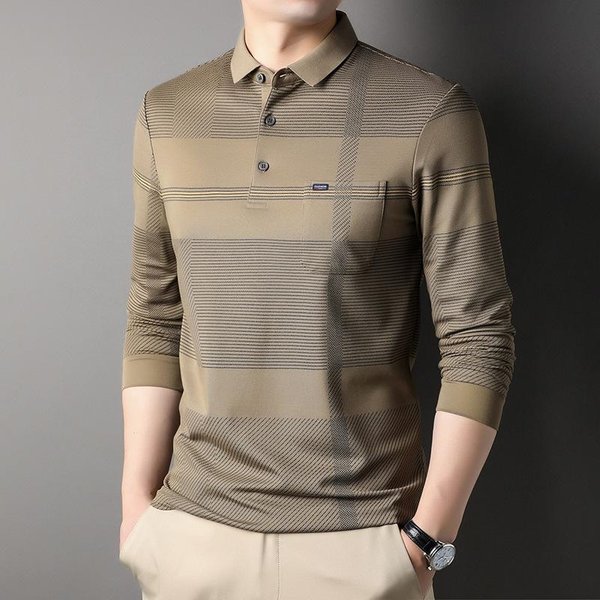 Camiseta De Manga Larga Para Hombre, Nueva Camiseta De Primavera Y OtoñO, Informal, De Negocios, De Mediana Edad, Con Solapa Y Bolsillo Real Xxxl Gray-image