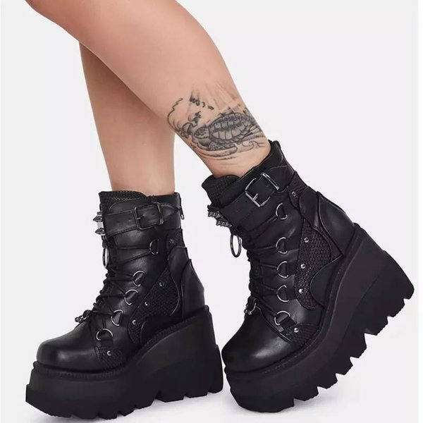 Zapatos De Mujer Con Cremallera Trasera Botas De Mujer Hebilla De CinturóN De Moda Botas Modernas Mujer Nuevas Botines Con Cordones Delanteros Plataforma 42 Negro-image