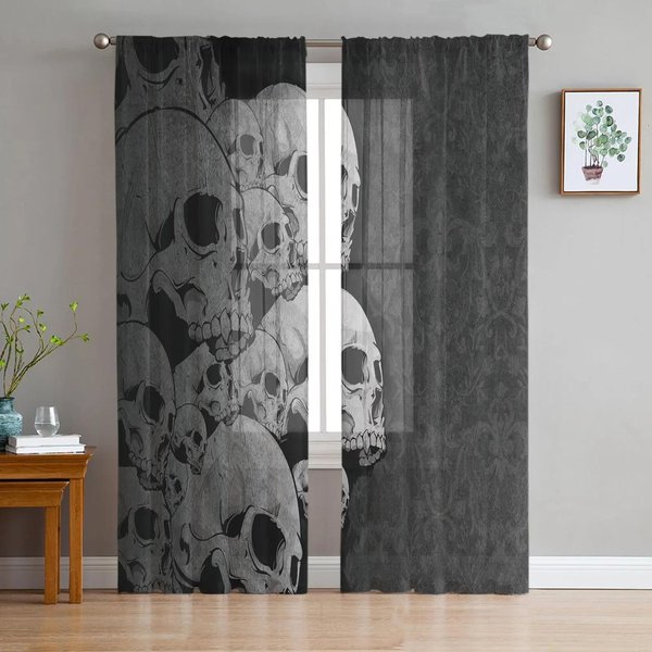 Cortinas Transparentes De Calavera De Terror, Cortinas De Tul Para Ventana De SalóN, Dormitorio, Cocina, DecoracióN Del Hogar, Cortinas De Gasa W135 X H185Cm X1&Grommet Top-image