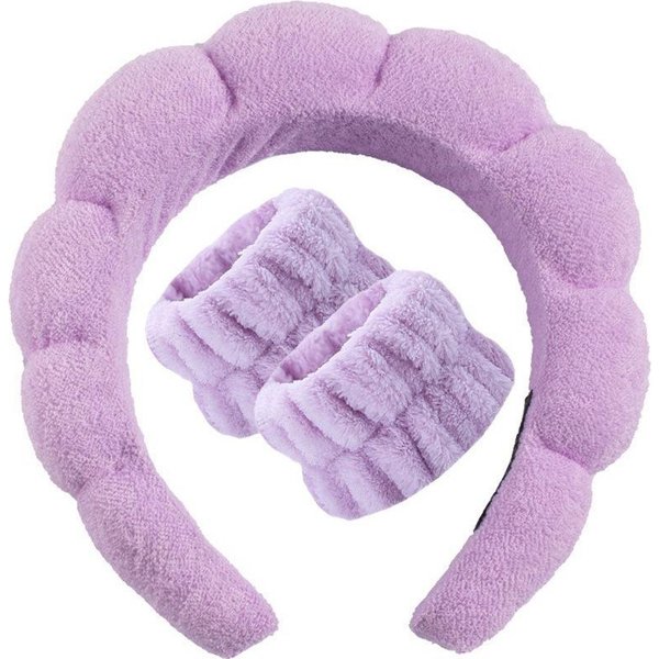 Juego De 3 Piezas De Diadema Facial Y MuñEqueras, Diadema De Spa, Diadema Para Maquillaje, Diadema Facial, Diadema Para Cuidado De La Piel, Diadema Esponjosa Rosa De Terciopelo PúRpura-image