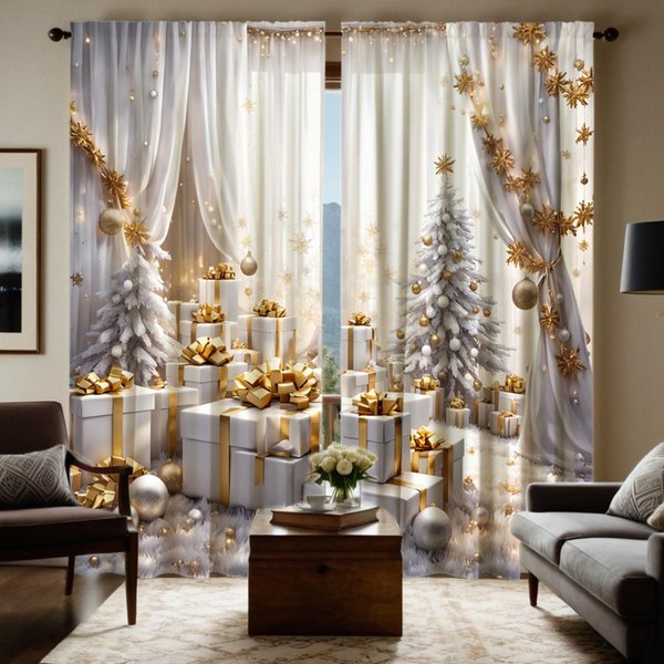 2 Piezas De Sistema De Color Blanco Digital Hd, Cortinas De Estilo Lujoso Con Luz Dorada De EnsueñO, DecoracióN Del Hogar, Sala De Estar, Dormitorio W52H63Inchw132H160Cm-image