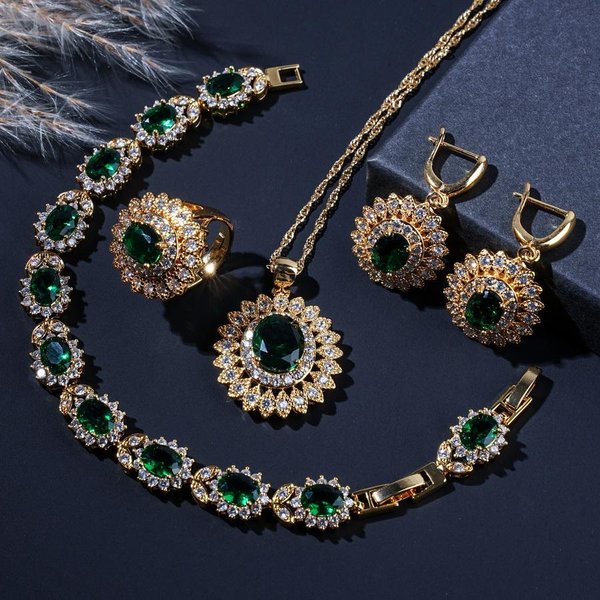 Nuevos Conjuntos De JoyeríA De Boda Chapados En Oro Con Zirconia Verde Para Mujer Pendientes Collar Anillo Ajustable Pulsera Estilo Flor Black-image