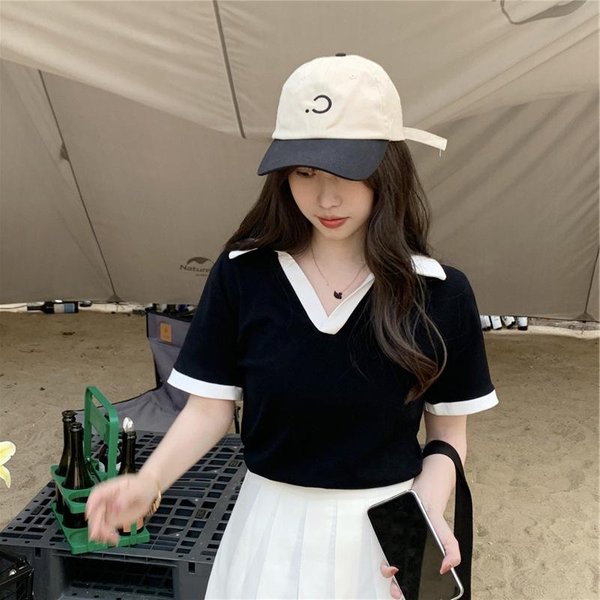 Camisa Polo Mujer Verano Nuevo DiseñO Estudiante Sentido Delgado Fino Celebridad De Internet Color De Contraste Camiseta De Manga Corta XL Negro-image
