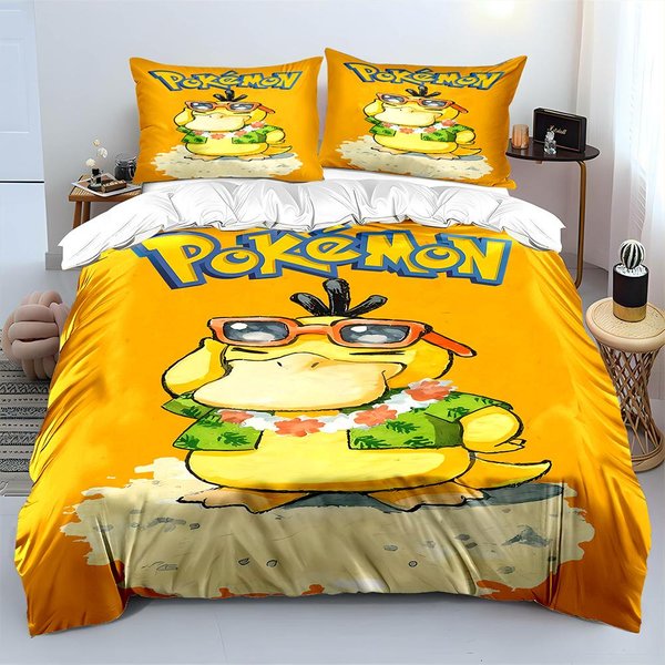JapońSkie Anime Pokemon Psyduck Drukowany Zestaw PośCieli Poszwa Na KołDrę 1 Poszwa Na KołDrę 2 Poszewki Na Poduszki Luksusowy Zestaw PośCieli Dla DorosłYch I Dzieci US King 228X264Cm-image