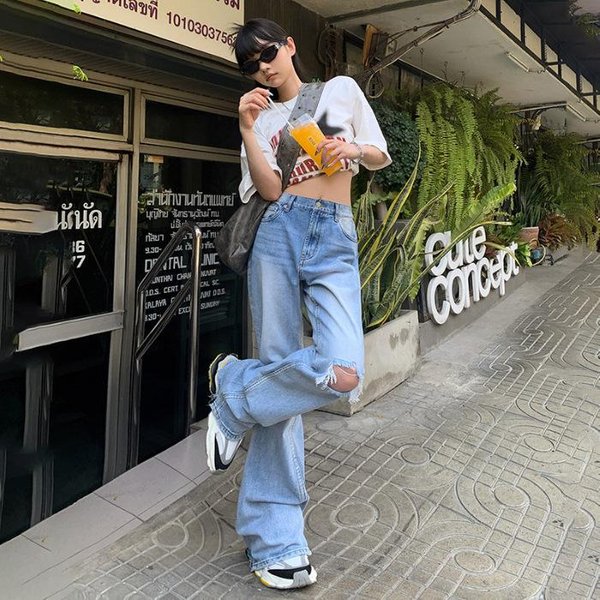 Jeans Rotos Mujer Pantalones Anchos De Pierna Ancha Mujer Jeans De Pierna Ancha De Cintura Alta Denim Pantalones Anchos De Pierna Mujer Lucir Delgada L-image