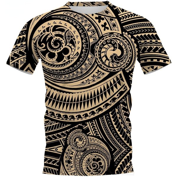 MęSki T-Shirt Z Nadrukiem W Stylu Vintage TatuażU, Modny Polinezyjski Styl, Nadruk 3D, Letni, Z KróTkim RęKawem, LuźNy, Streetwear, OddychająCy, MęSkie Topy XL Beige-image