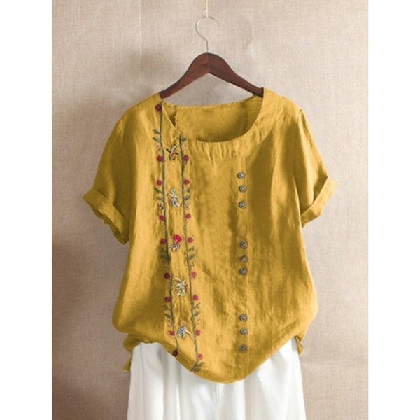 Letnie, Vintage, BawełNiane, Lniane, Haftowane, LuźNe, KróTkie RęKawy, Swobodne Koszulki Damskie 4XL-image
