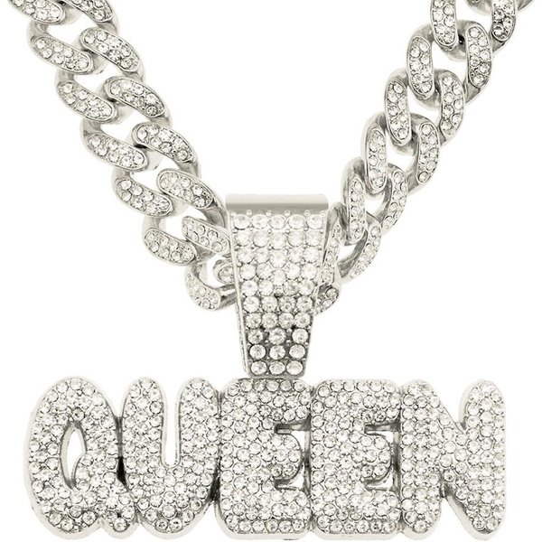 MęSki Naszyjnik Z Zawieszką Z Napisem King Queen W Stylu Hip-Hopowym Z łAńCuchem KubańSkim Miami O SzerokośCi 13 Mm, Wysadzany BłYszcząCymi Kamieniami, BiżUteria Modowa Dla Kobiet-image