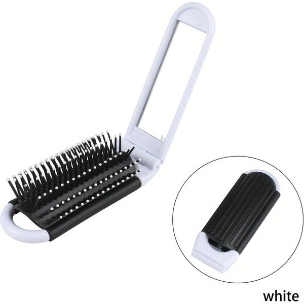 Cepillo De Pelo Plegable De Viaje PortáTil Con Espejo Peine Compacto De Bolsillo Cepillo De Pelo Para Masaje De PeluqueríA Blanco-image